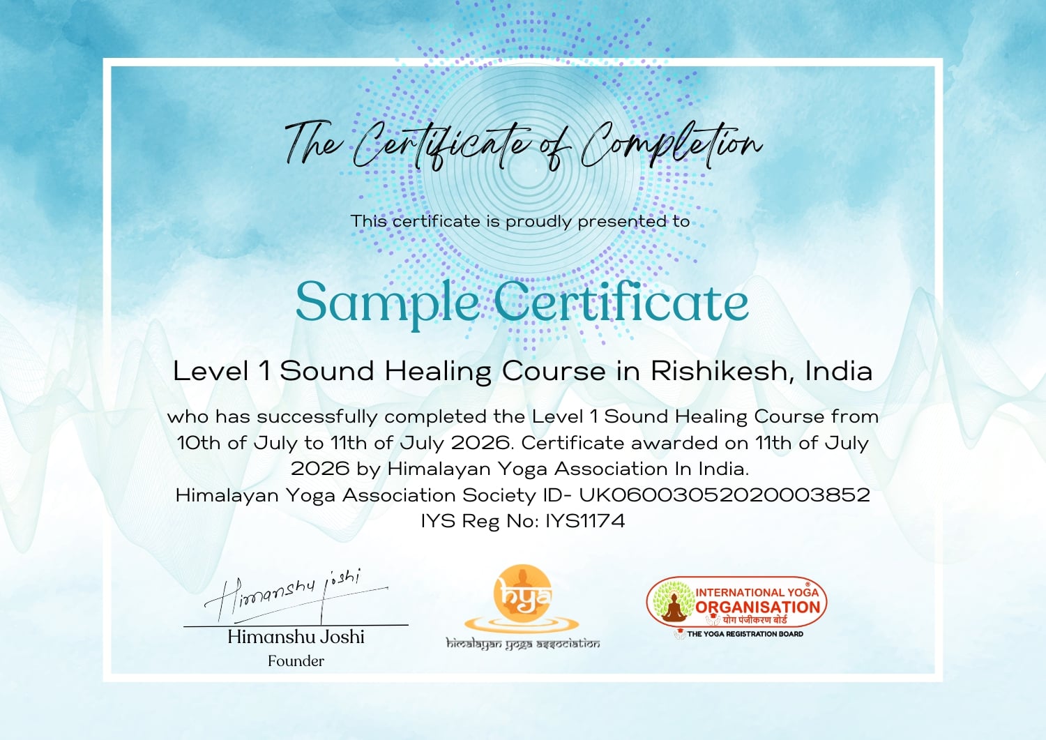 Level 1 Sound Healing Course Sample Certificate Rishikesh