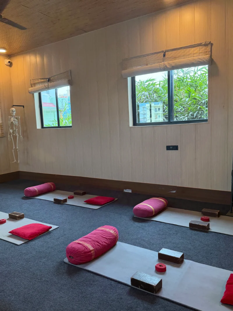 Yin Yoga class during teacher training at Himalayan Yoga Association Rishikesh