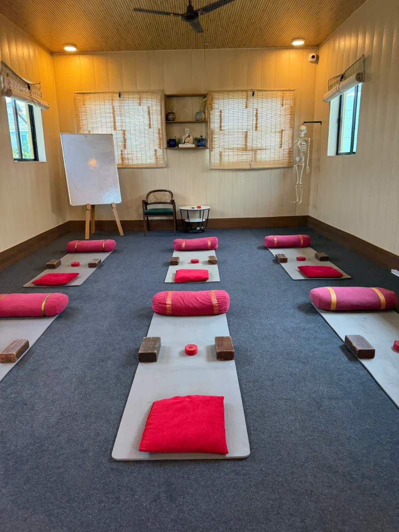 Students learning Yin Yoga techniques during teacher training in Rishikesh