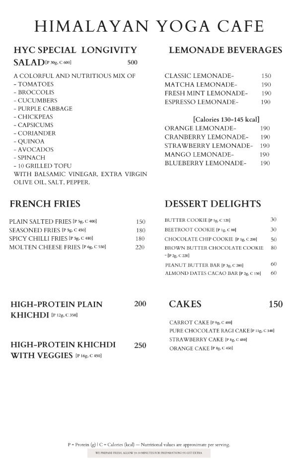 Himalayan Yoga Cafe special longevity salad lemonade beverages french fries desserts and cakes menu