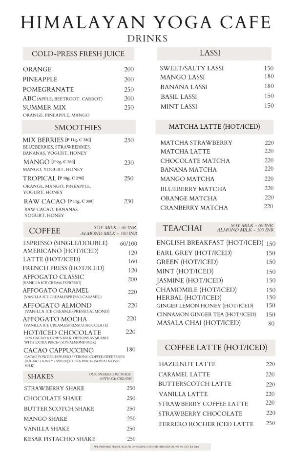 Himalayan Yoga Cafe drinks juice smoothies coffee tea lassi matcha and shakes menu