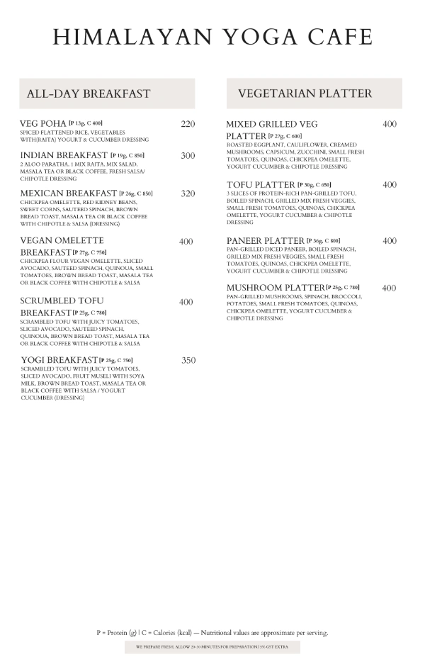 Himalayan Yoga Cafe all day breakfast and vegetarian platter menu
