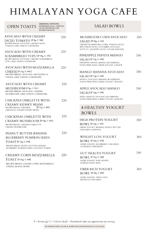 Himalayan Yoga Cafe open toasts salad bowls and healthy yogurt bowls menu