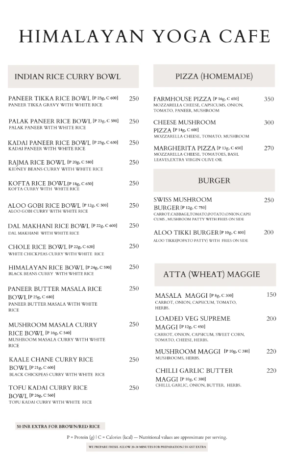 Himalayan Yoga Cafe Indian rice curry bowl homemade pizza burger and wheat Maggi menu