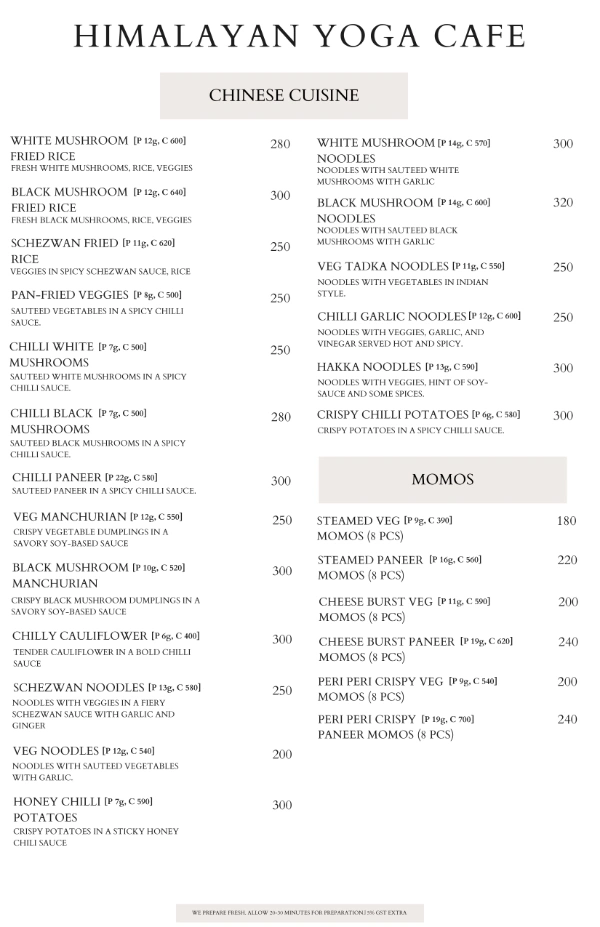 Himalayan Yoga Cafe Chinese cuisine noodles fried rice Manchurian and momos menu