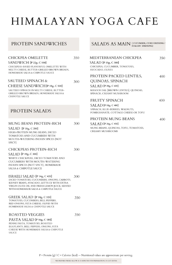 Himalayan Yoga Cafe protein sandwiches protein salads and salads as main menu