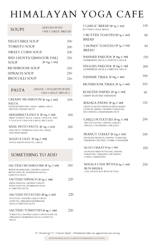 Himalayan Yoga Cafe soups pasta sides breads pakoda tikka and chaat menu
