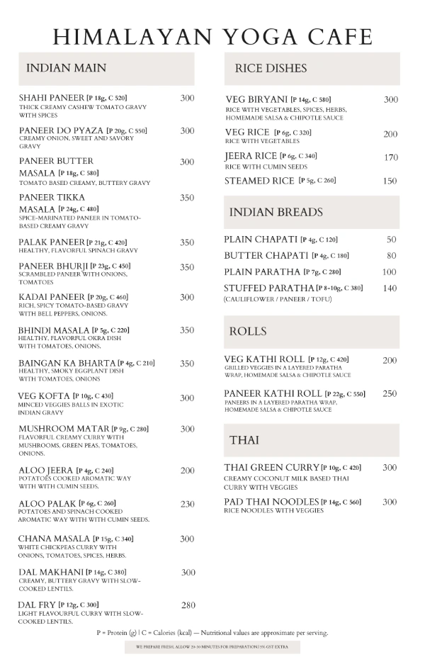 Himalayan Yoga Cafe Indian main rice dishes Indian breads rolls and Thai menu