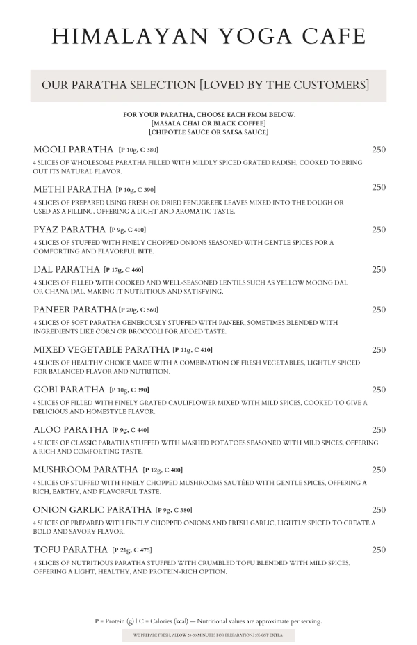 Himalayan Yoga Cafe paratha selection menu