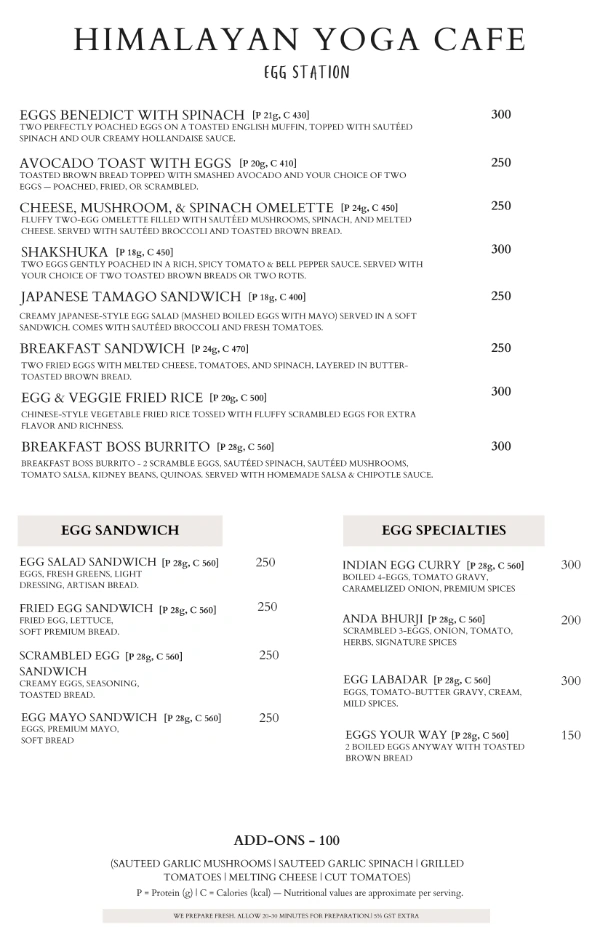 Himalayan Yoga Cafe egg station egg sandwiches and egg specialties menu