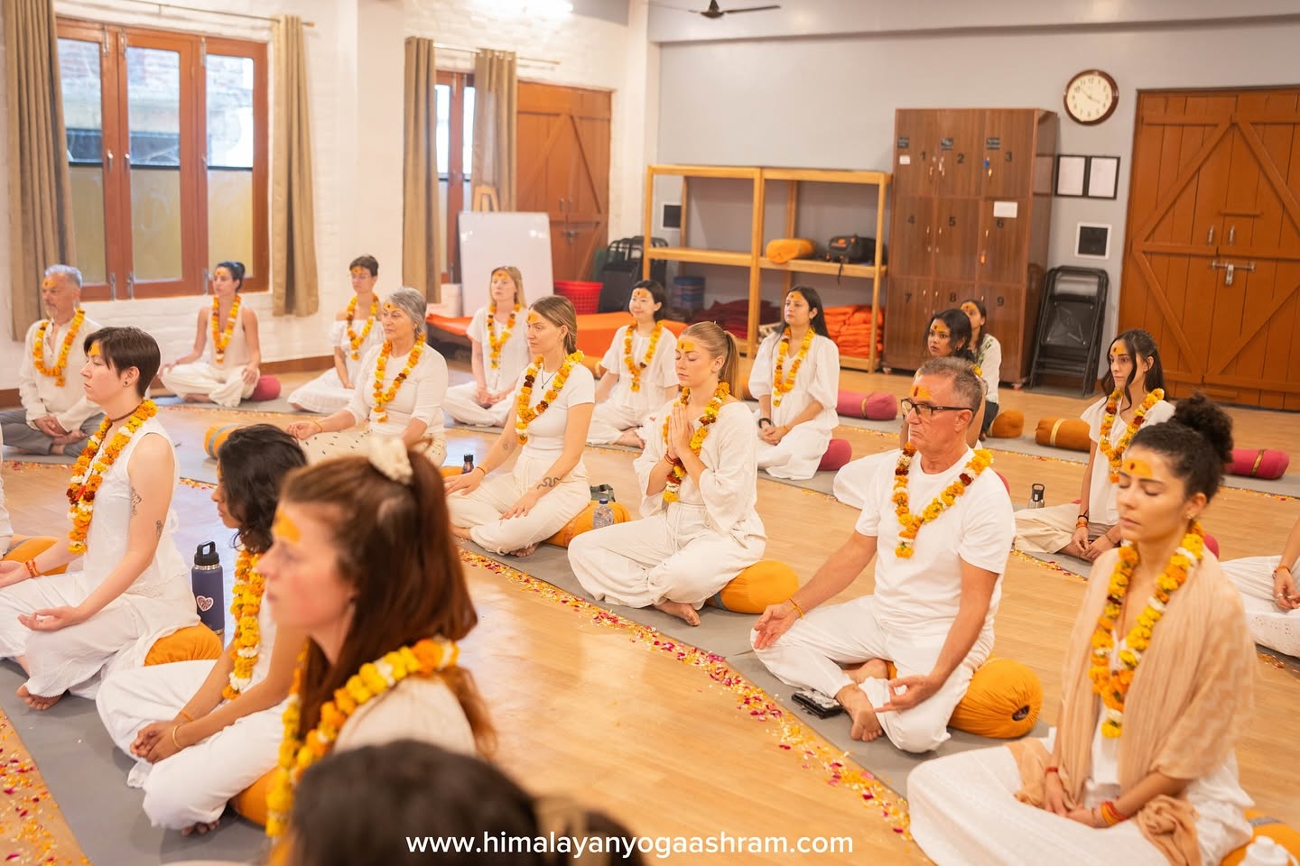Meditation session in Hall A during yoga teacher training in Rishikesh