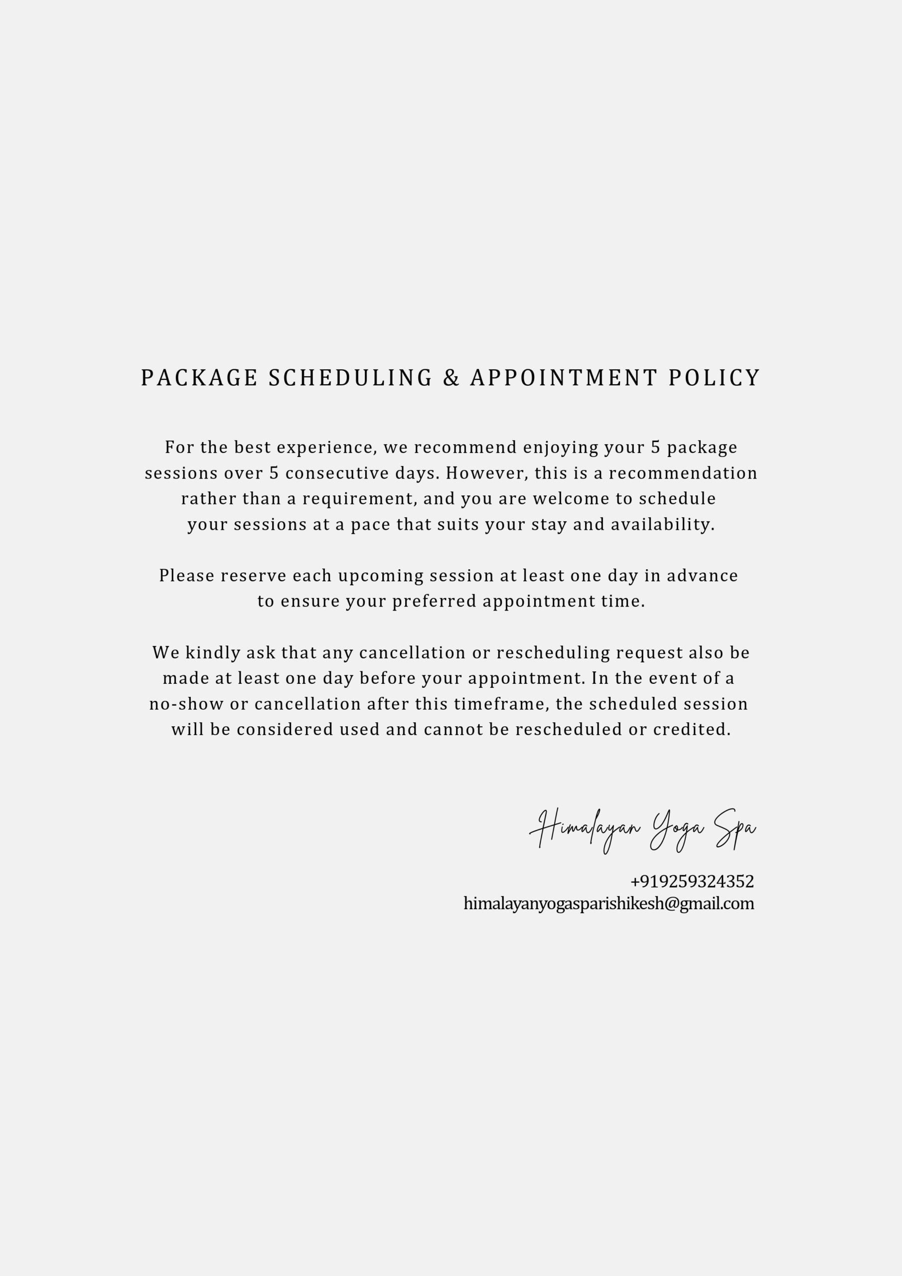 Himalayan Yoga Spa wellness package scheduling and appointment information