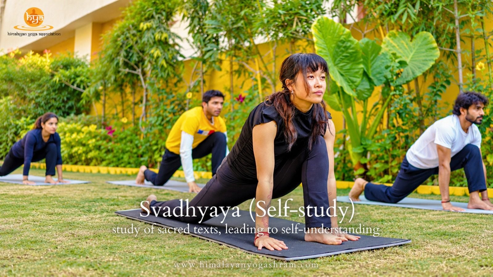 Students practising yoga outdoors in the green garden at Himalayan Yoga Ashram